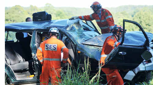 Local SES crews had to remove the entire side of the vehicle to release the driver of this car yesterday morning. Local SES crews had to remove the entire side of the vehicle to release the driver of this car yesterday morning.